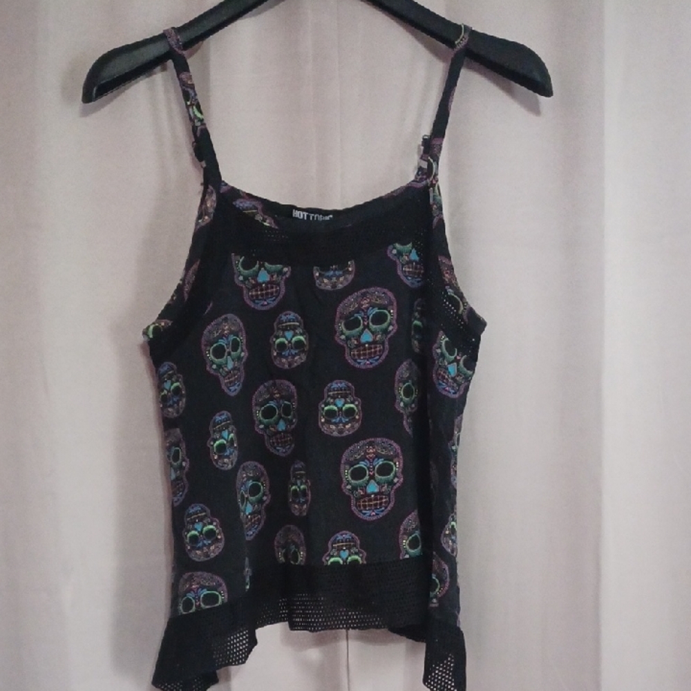 Hot Topic Sugar Skull Tank Asymetrical Hanky Hem Mesh Details Adjustable Straps